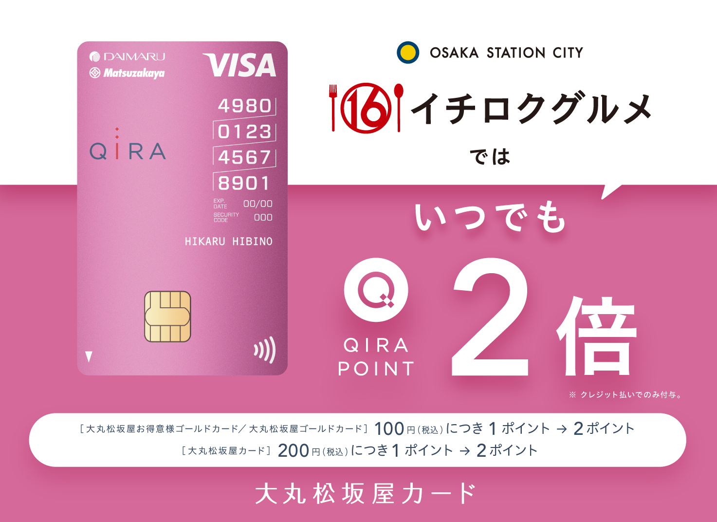 大阪ステーションシティ　サウスゲートビルディング16階「イチロクグルメ」と 「QIRA［キラ］ ポイントプラス」加盟店契約を締結 大丸松坂屋カードのご利用で通常の2倍の「QIRA ポイント」を付与